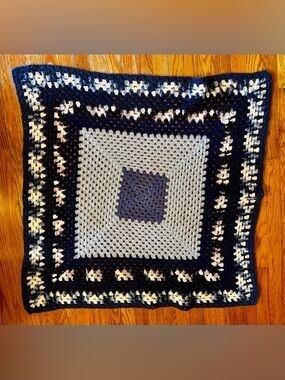Handmade Crochet Square Throw Blanket in Navy, Light Blue, and Cream